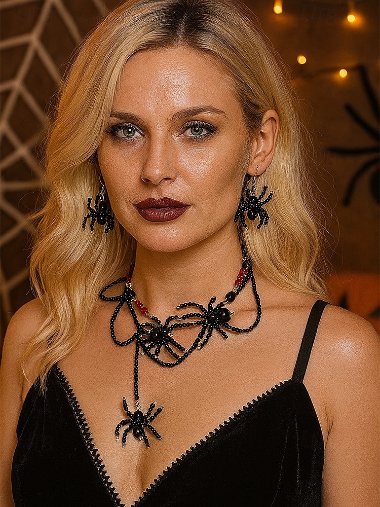 Conjunto de collar y pendientes de cuentas de araña de Halloween para mujer: joyería acrílica gótica de aleación negra y roja, accesorios de disfraz espeluznantes y adorables para fiestas y cosplay. 2025 - $18.99 –P1