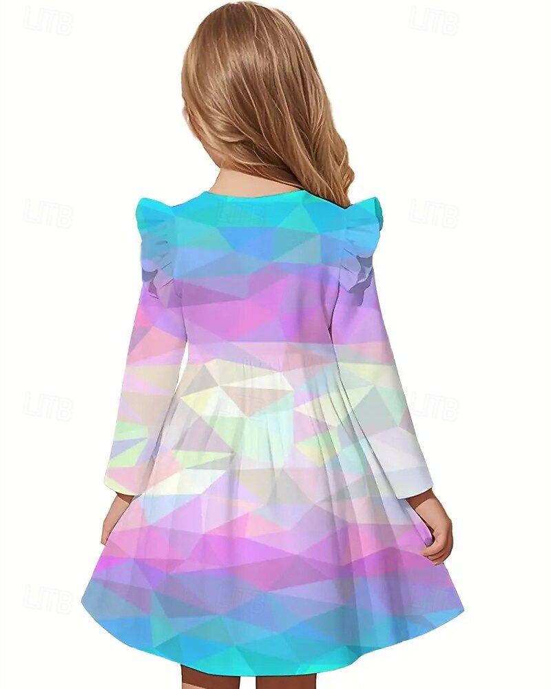 Mädchen' 3D Geometrisch Kleid Rüschenkleid Langarm Sommer Frühling Urlaub Täglich Ferien Prinzessin Schön Süß Kinder 4-12 Jahre Freizeitkleid A Linie Kleid Knielang Normale Passform 2025 - $15.99 –P2