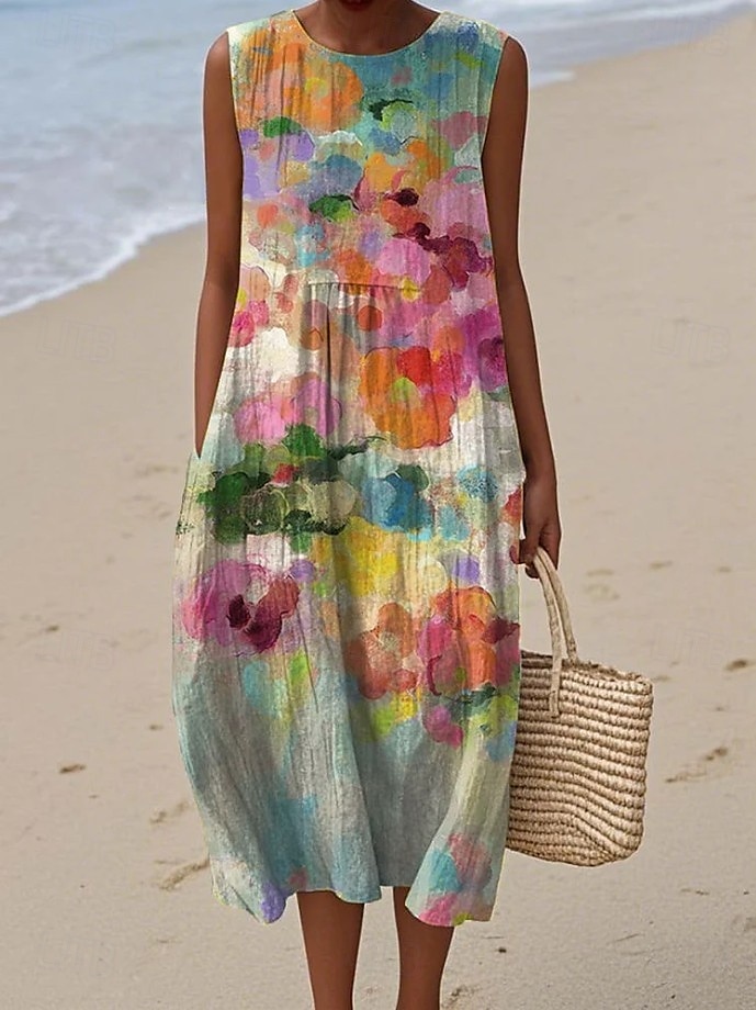 Dam Midiklänning Solklänning Skiftklänning A linjeklänning Semester Ledigt Boho Utekväll Strand Lös passning Blommig Grafisk Ärmlös Rund halsringning Rodnande Rosa Purpur Grön Naturvit Sommar Vår 2025 - $35.99 –P2