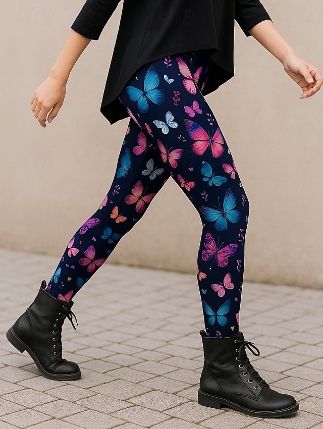 Dames Leggings Vakantie Vintage Etnische stijl Volledige lengte Hoge taille Grafisch Vlinder 3D-afdrukken Sneldrogend Ademend Zacht Rekbaar Buiten Huis Causaal Donker paars Zwart Paars Herfst Mager 2025 - $19.99 –P2