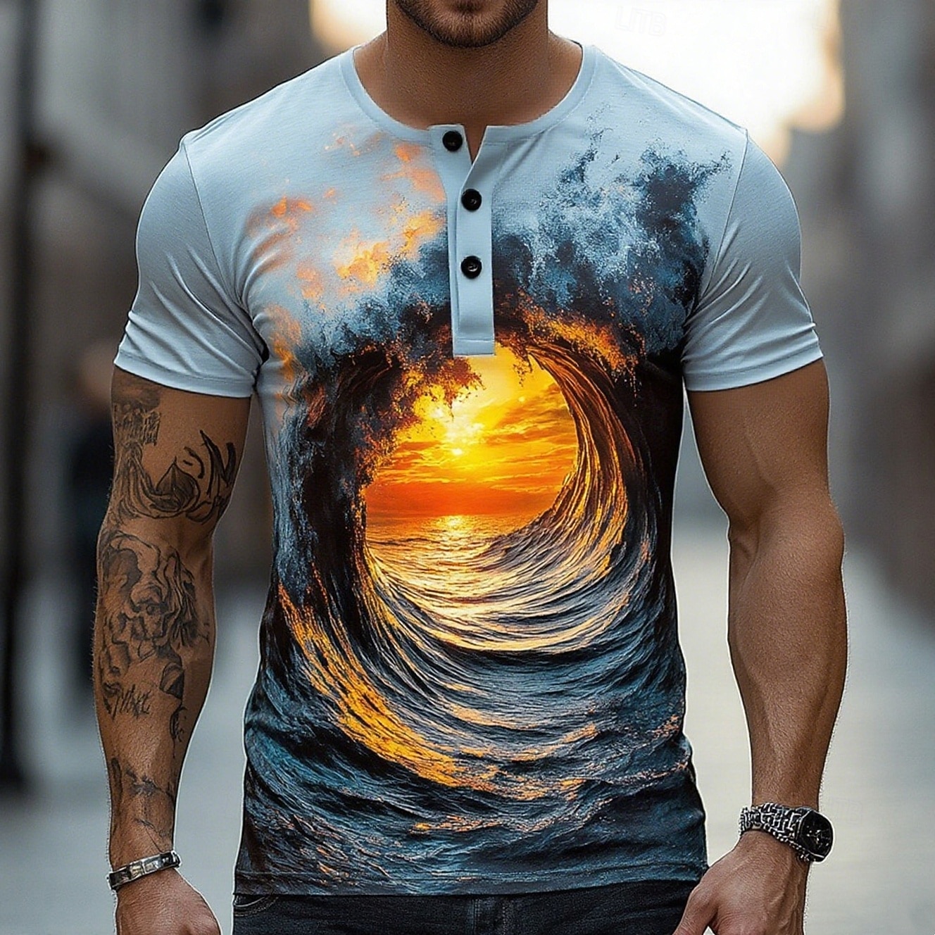 Hombre 3D Naturaleza Camiseta Henley Shirt Manga Corta Design Retro Antiguo Casual Casual Diario Calle Verano Primavera Azul Henley Camiseta Henley 2026 - $20.99 –P1