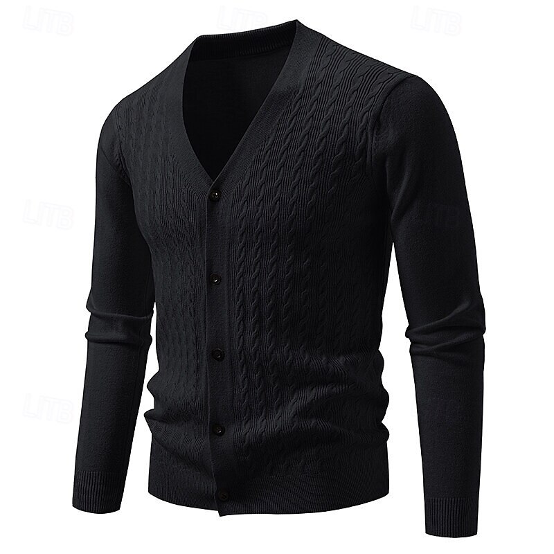 Men's Cardigan Sweater Cropped  Sweater Knit Sweater Ribbed Knit Regular Tops Buttons Jacquard Plain V Neck Fashion Classic Vacation Daily Wear Clothing Apparel Fall Winter Black Navy Blue S M L 2025 - $23.99 –P6