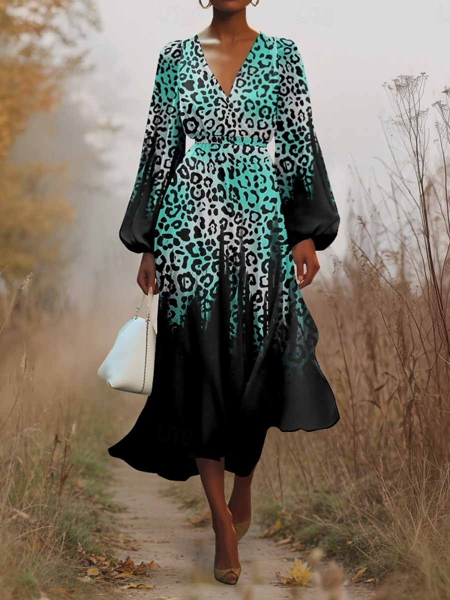 Women's Midi Dress Casual Dress Chiffon Swing Dress Modern Vacation Daily Weekend Regular Fit Leopard Long Sleeve V Neck Pink Blue Purple Green Summer Spring Fall Autumn 2025 - $31.99 –P5