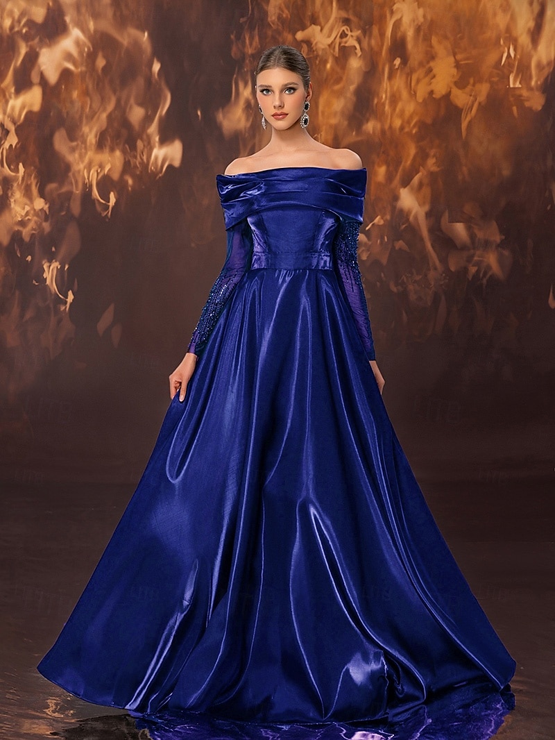 Vestido Preto A-Line Vestido de Gala Elegante Vestido Formal Casamento Comprimento do Chão Sem Mangas Off Shoulder Cetim com Pregas Apliques de Renda de 2025 por $149.99 –P8