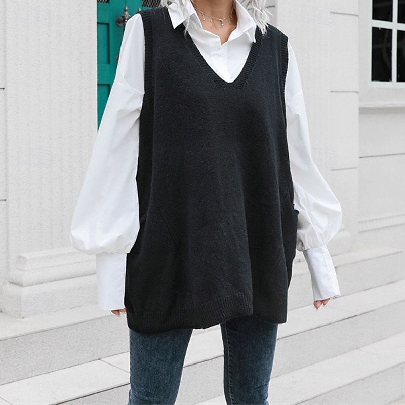 Femmes Pull Occasionnel Couleur Unie Épais Col en V Tricoté Sans manches Hauts Réguliers Tricoter Quotidien Fête Sortir Noir Automne Hiver de 2025 ? $23.99 –P4