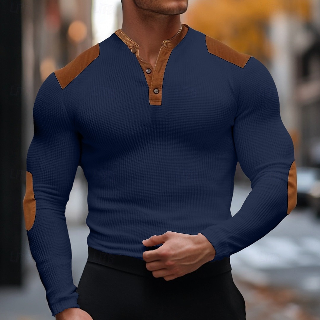 Herren Waffel-T-Shirt Langarm V Ausschnitt Sommer Frühling Herbst Einfach Basic Modern Lässig Patchwork Knöpfe Basic Heim Straße Lässig Schwarz Weiß Marineblau Top T-Shirt für Herren 2025 - $19.99 –P6
