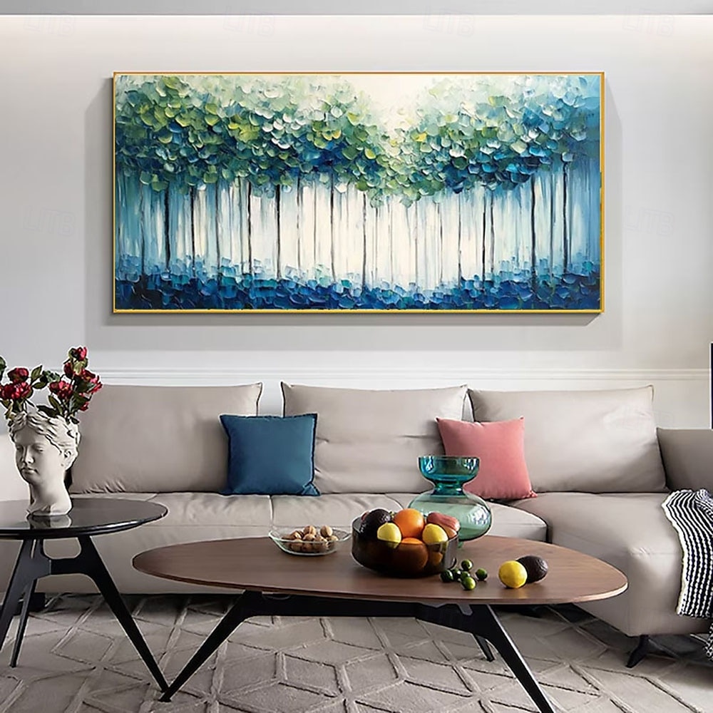 Peinture à l'huile faite à la main, forêt abstraite moderne, coups de pinceau texturés audacieux, canopée vert émeraude, teintes bleu sarcelle, troncs minimalistes, profondeurs saphir, galerie d'art de 2025 ? $108.99 –P5
