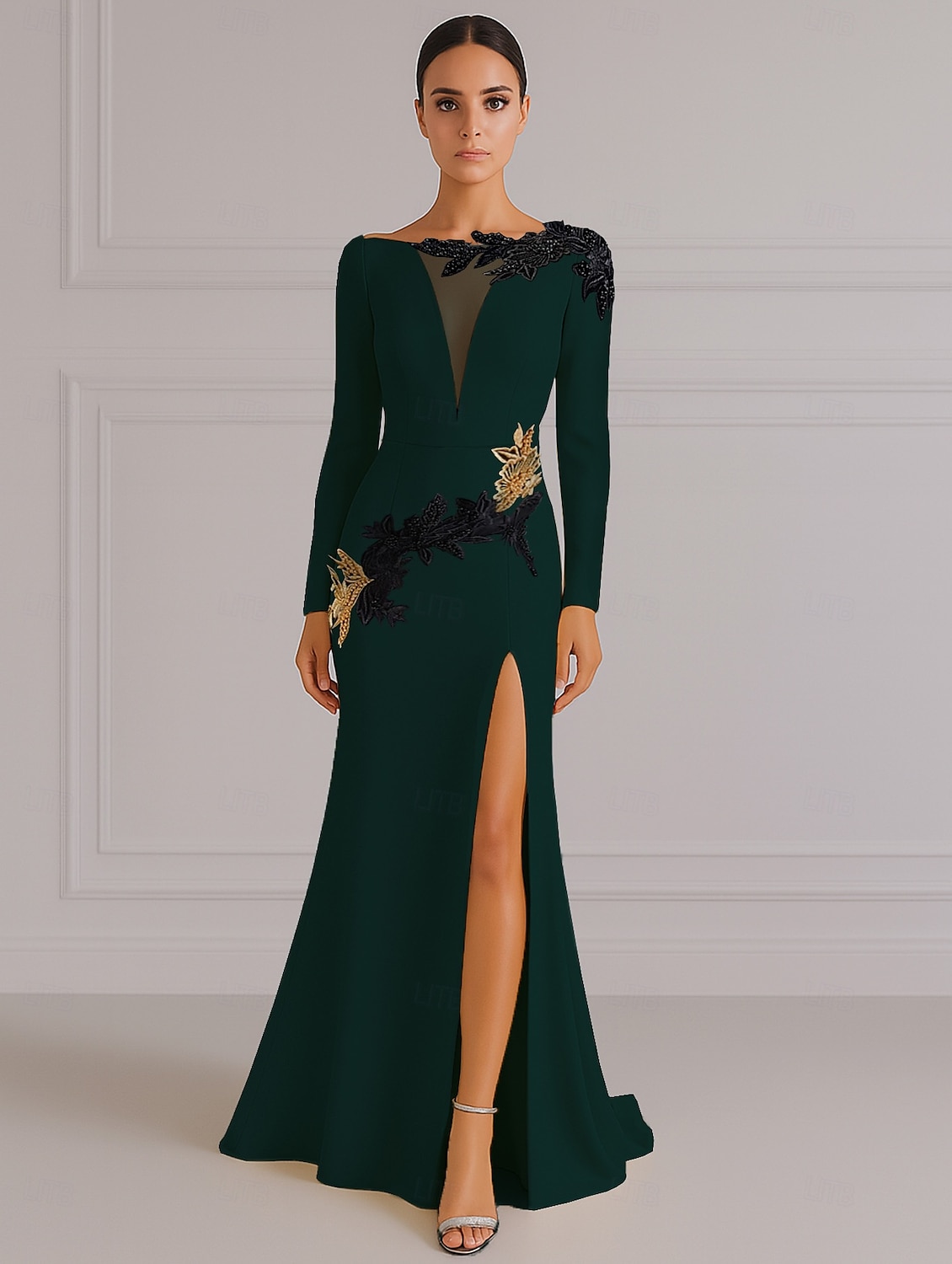 Schwarzes und goldenes A-Linien-Abendkleid, elegantes Kleid, formelles Smokingkleid, Hochzeitskleid, Schleppe, Langarm, V-Ausschnitt, Stretch-Krepp mit Paillettenstickerei 2025 2025 - $149.99 –P4