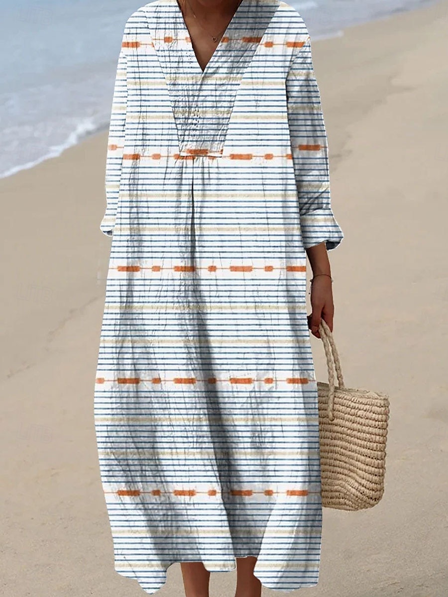 Pentru femei Rochii Midi Rochie de Vară Rochie A line Vacanță Casual Boho Petrecere Plajă Potrivire Largă Grafic Geometric Manșon Lung În V Alb Albastru piscină Portocaliu Maro Vară Primăvară Toamnă 2025 - $35.99 –P4