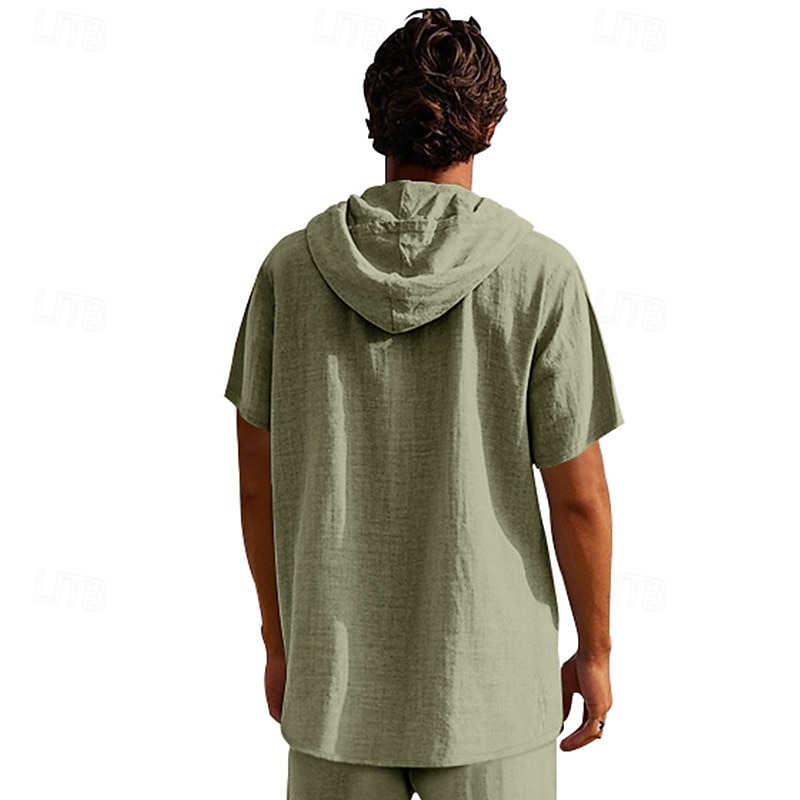 Men's Shirt Linen Shirt Popover Shirt Casual Shirt Cotton Shirt Plain Vacation Street Black White Navy Blue Brown Short Sleeve Hooded Summer Clothing Apparel Lace up 2025 - $22.99 –P18