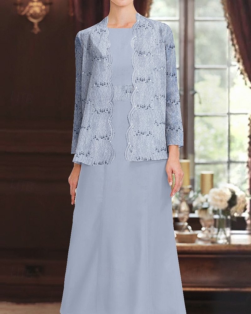 Paillettenspitze, zweiteiliges A-Linien-Kleid für die Brautmutter, elegant, schlicht, luxuriös, Chiffon, U-Boot-Ausschnitt, Midi-Länge, ärmellos, mit langärmliger Jacke 2025 2025 - $119.99 –P2