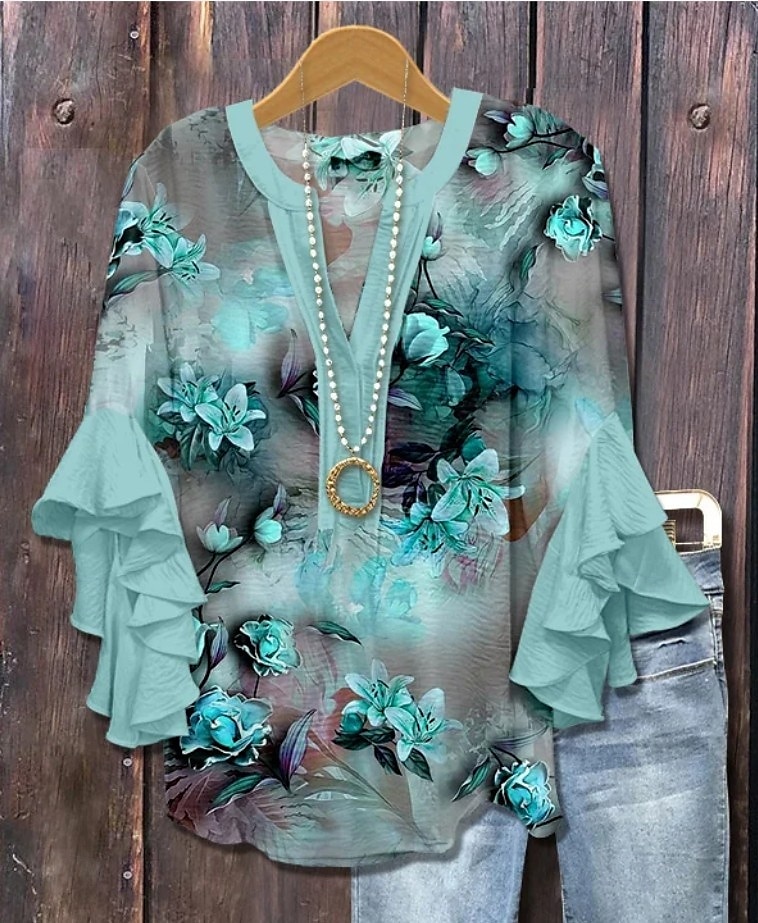 Damenbluse V-Ausschnitt Floral Grafik Elegant Bohemia Ethnisch 3/4-Ärmel Reguläre Oberteile Alltag Urlaub Freizeit Rüsche Print Königsblau Blau Helllila Khaki Sommer Frühling Herbst 2025 - $29.99 –P4