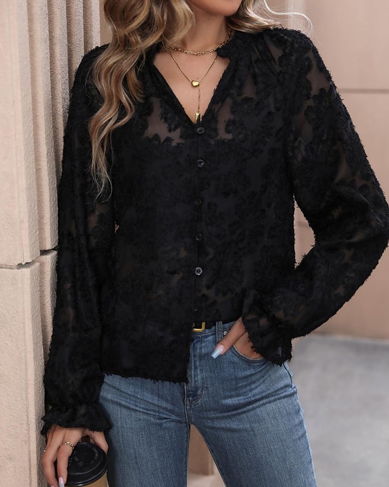 Per donna Camicia Semplice Elegante Moderno Manica Lunga Scollo a V Top Regolari Quotidiano Ferie Rete Nero Primavera Autunno del 2025 a $24.99 –P5