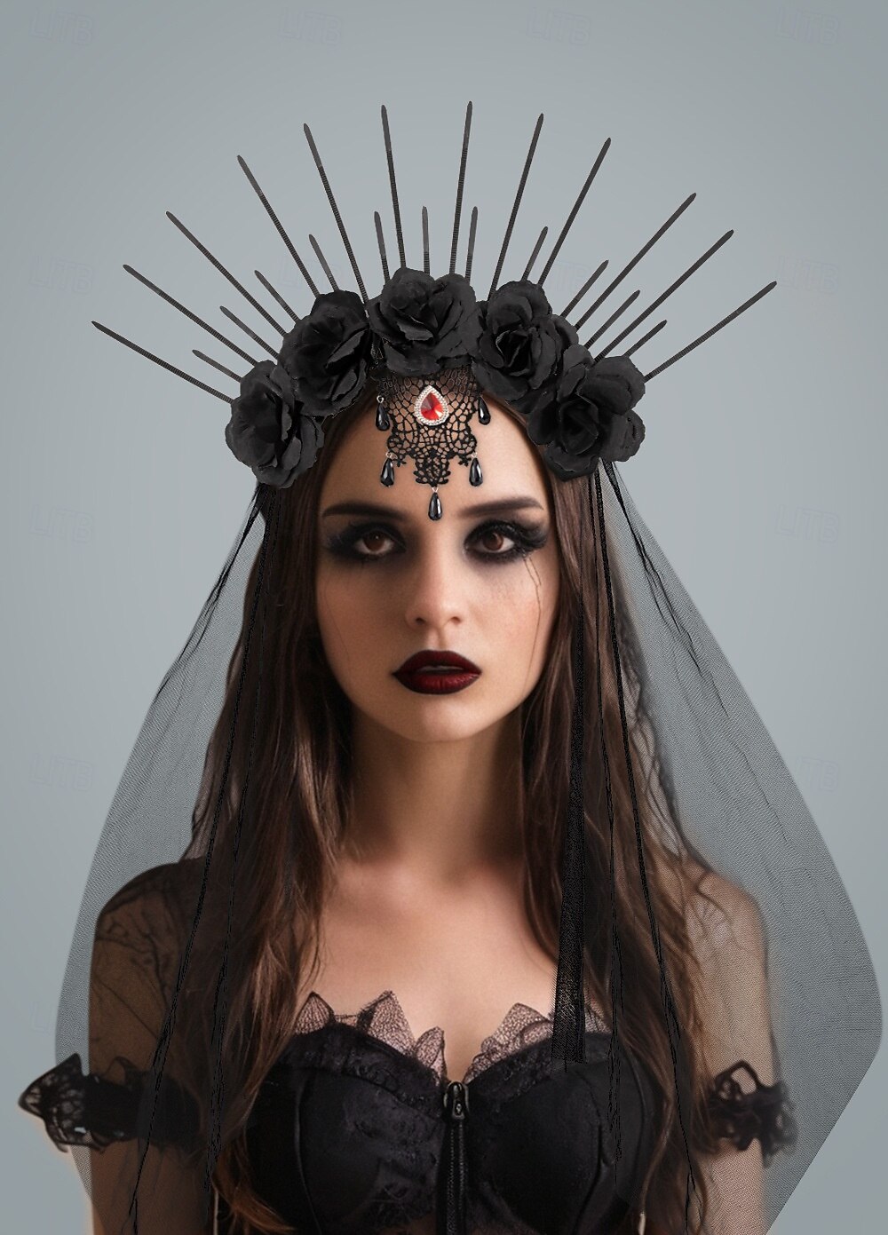 Gothic Krone Haarreif Mit Schleier - Halloween Kopfschmuck Mit Schwarzen Rosen