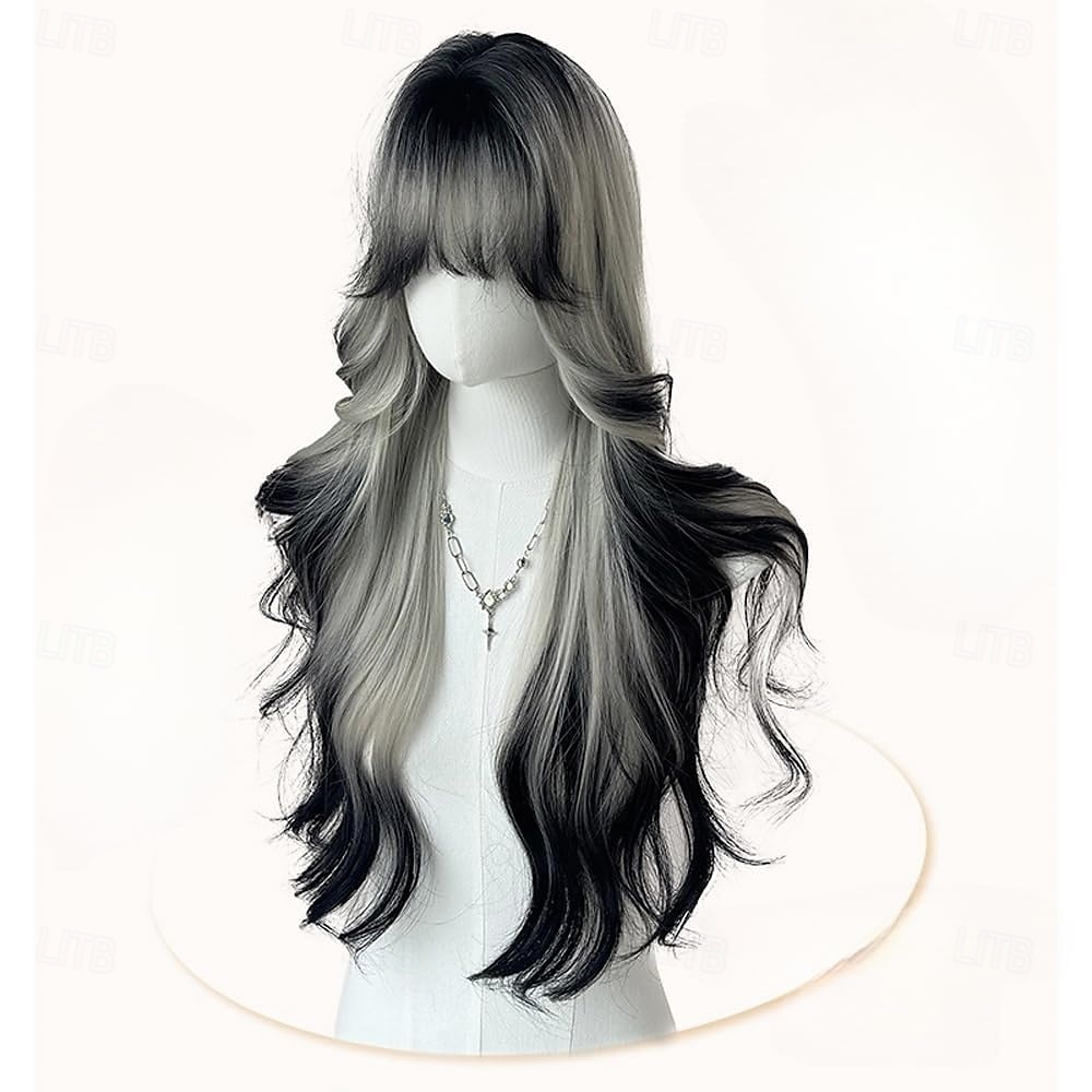 zwart-witte pruik met gradiënt, lange golvende pruik voor vrouwen, lolita, lange krullende pruiken met pony 2025 - $27.99 –P2