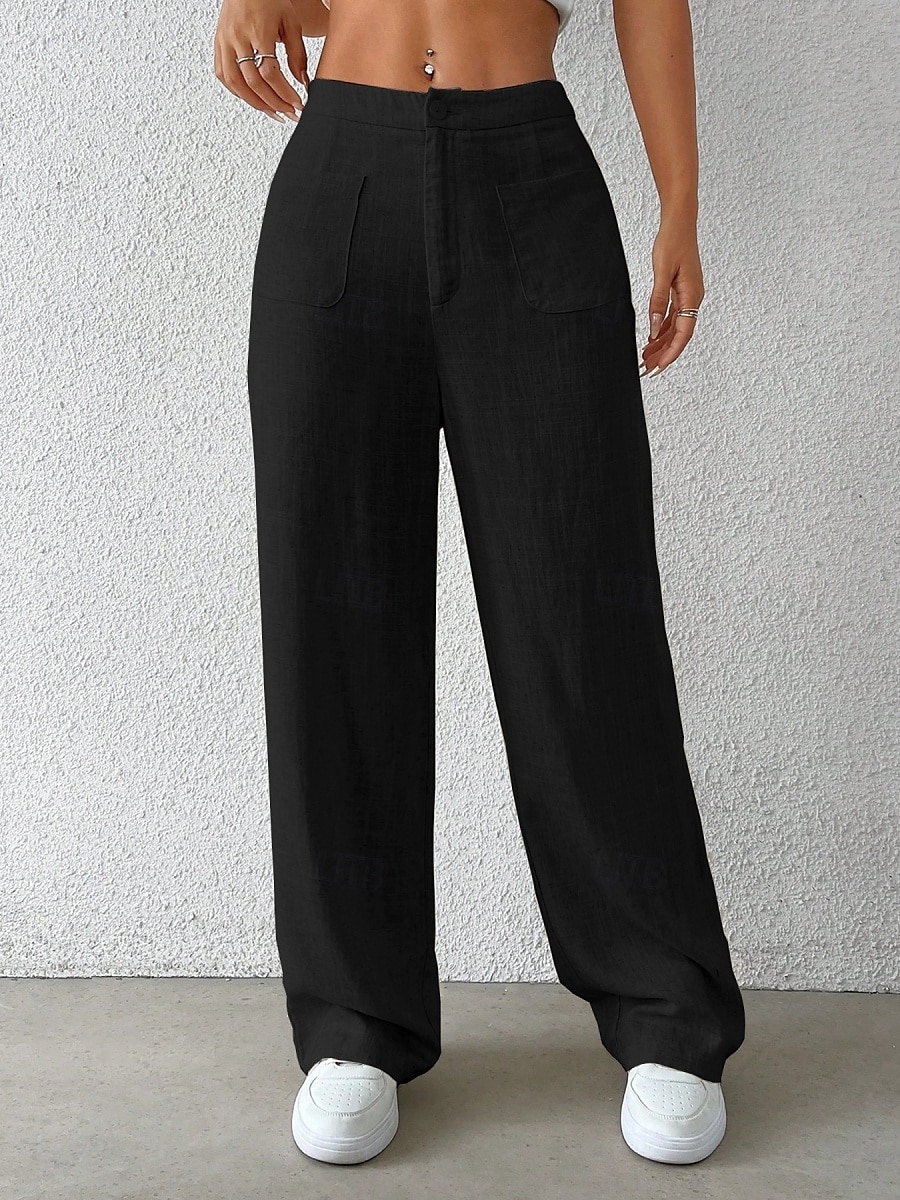 Damen Weites Bein Chinos Mode Basic Lässig Volle Länge Mittlere Taillenlinie Einfarbig Tasche Komfort Außenbereich Unelastisch Urlaub Straße Täglich Schwarz Weiß Blau Aprikose Sommer Frühling Herbst 2025 - $37.99 –P13