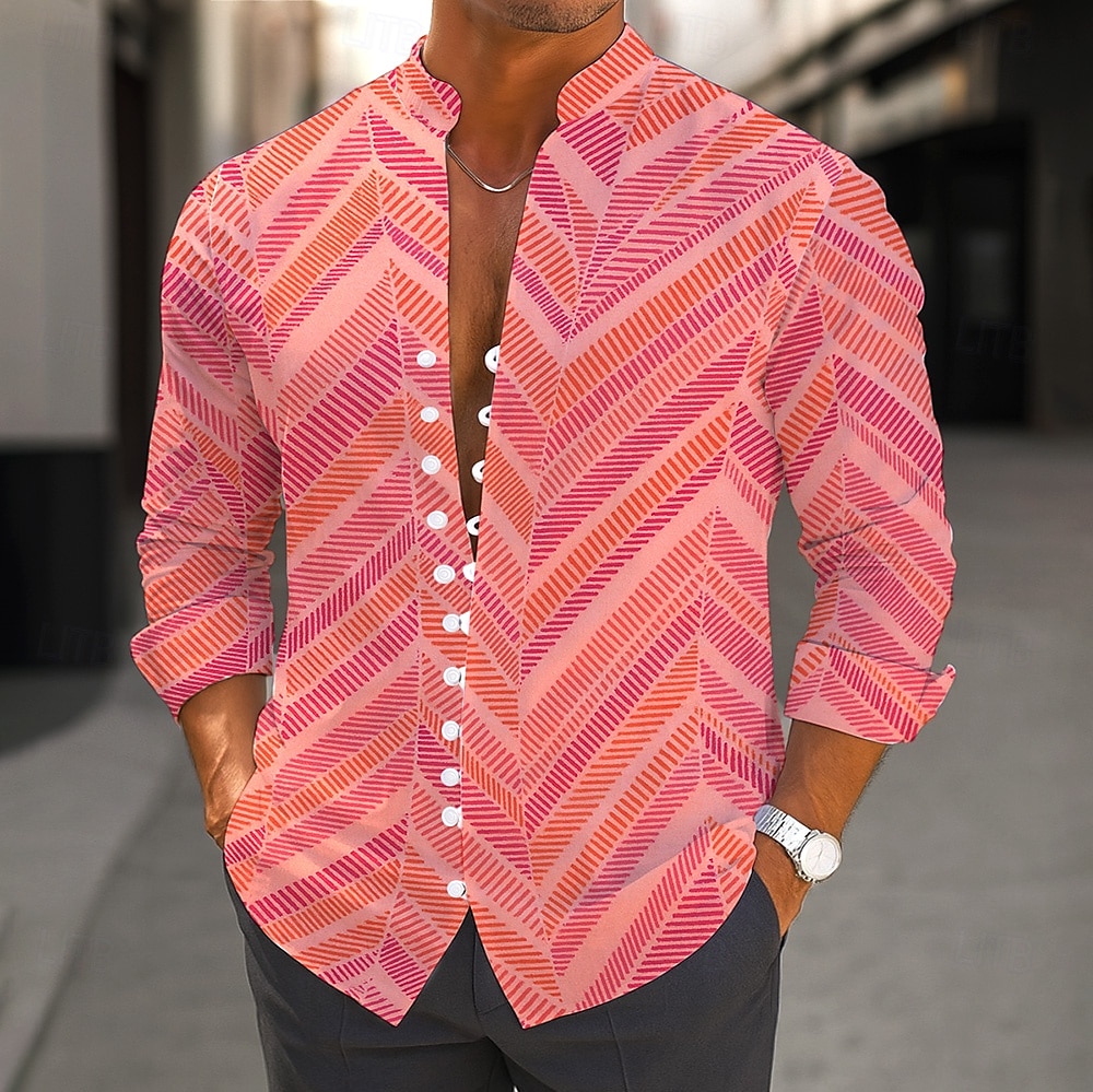 Voor heren Verloop Chevron Overhemd Overhemd met staande kraag Lange mouw Casual Vakantie Alledaagse kleding Uitgaan Lente Herfst Mandarijn Kraag Band Kraag Button-omlaag Linnenachtig shirt Blozend 2025 - $25.99 –P3