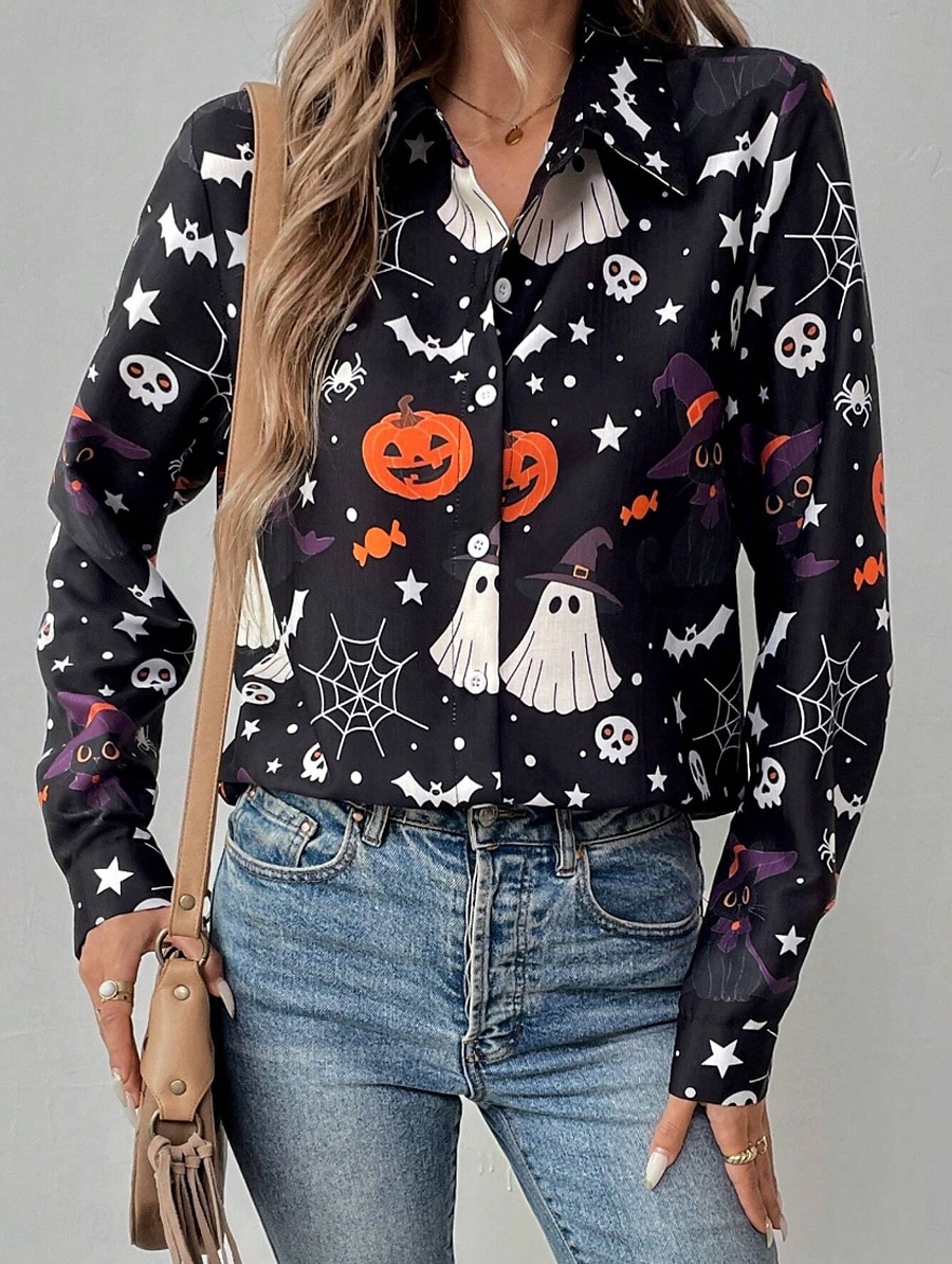 Halloween Women's Shirt Graphic Pumpkin Ghost Elegant Vintage Tropical Long Sleeve Bishop Sleeve Shirt Collar Regular Tops Daily Holiday Print Black Orange Summer Spring Fall 2025 - $32.99 –P1
