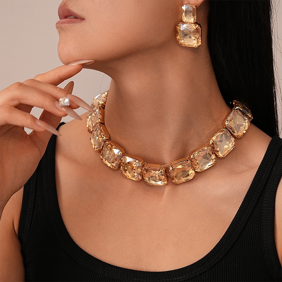 Women's Gold Crystal Jewelry Set - Chunky Rhinestone Choker Necklace and Drop Earrings for Glamorous Party and Evening Wear 2025 - $14.99 –P1