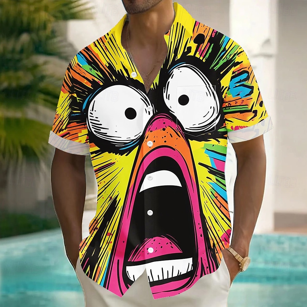 Pánské Komiks Legrační Velké oči Košile Letní košile Košile na knoflíky Krátký rukáv Móda pro volný čas Dovolená Streetwear Léto Přehnutý 3D tisk Jedna přední kapsa Len jako košile Žlutá 2026 - $25.99 –P1