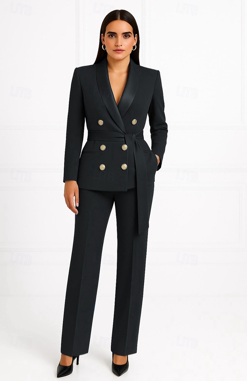 Mujer Trajes de 2 piezas Formal Invitado a la boda Satén Elegante Minimalista Casual Manga Larga Hasta el Tobillo Solapa Redonda Botonadura Doble 2025 - $179.99 –P4