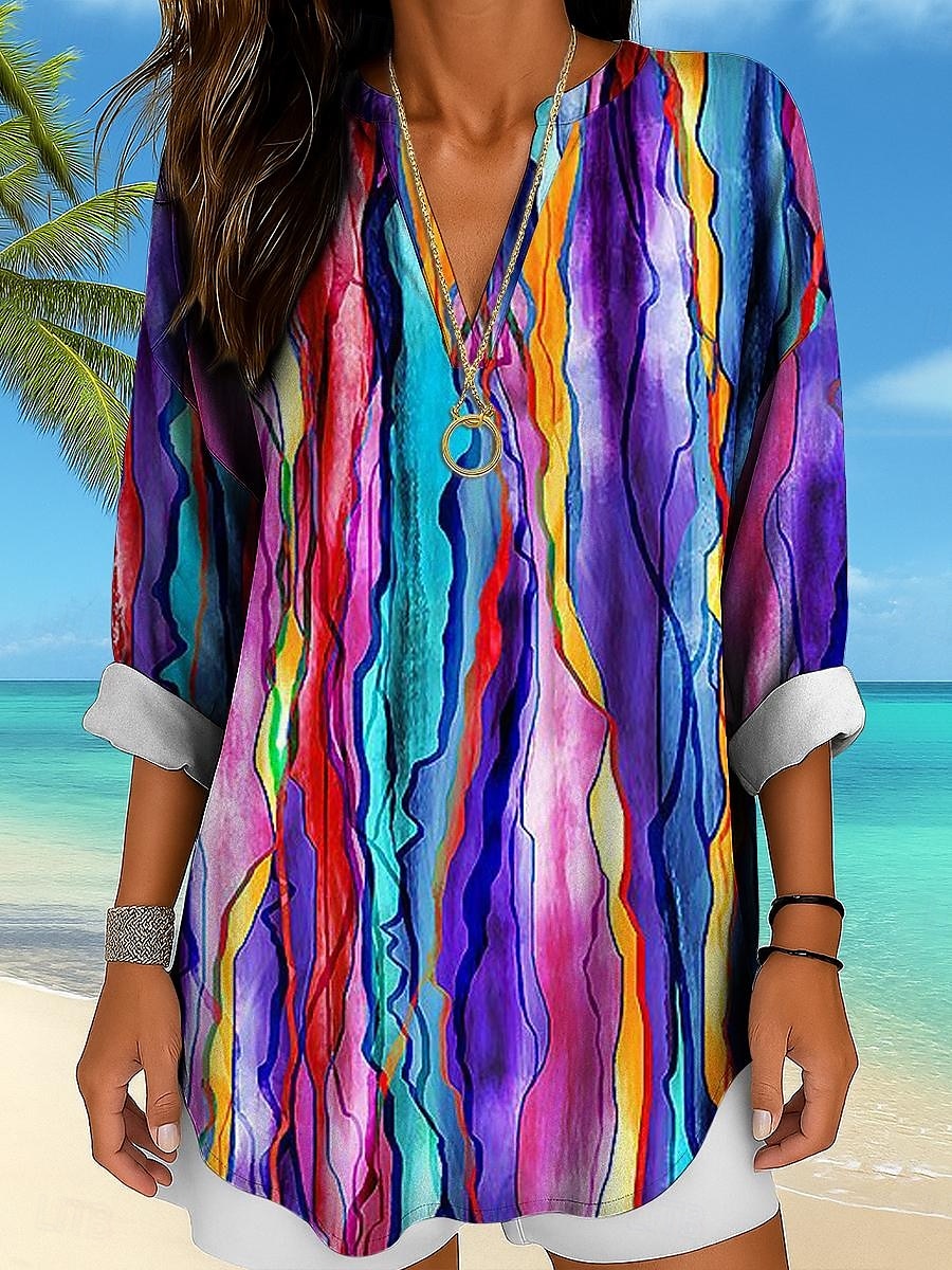 Women's Shirt Cotton Linen Shirt Blouse Ombre Graphic Geometric Daily Hawaiian Business Long Sleeve V Neck Regular Tops Work Daily Holiday Buttons Print Black And White Yellow Red Purple Green Summer 2025 - $24.99 –P1
