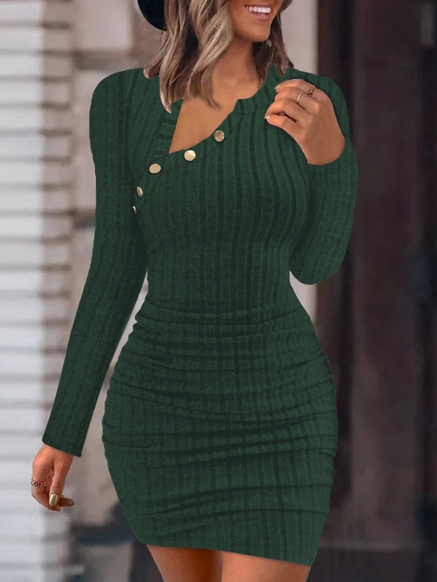 Women's Mini Dress Sheath Dress Casual Daily Regular Fit Plain Long Sleeve Notched Neck Black White Pink Wine Spring Fall Winter 2025 - $27.99 –P2