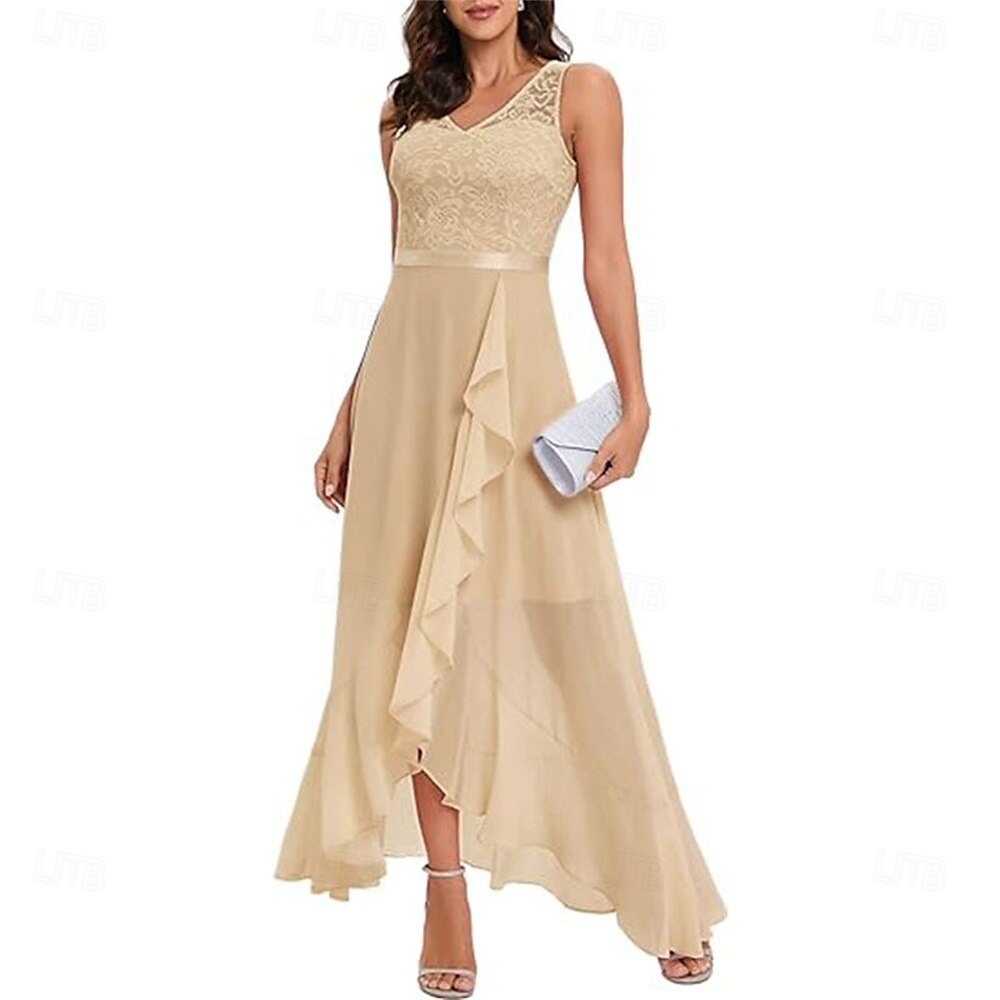 A-Linie Brautmutterkleid Elegant V Ausschnitt Asymmetrisch Chiffon Ärmellos mit Einfarbig 2025 2025 - $109.99 –P11