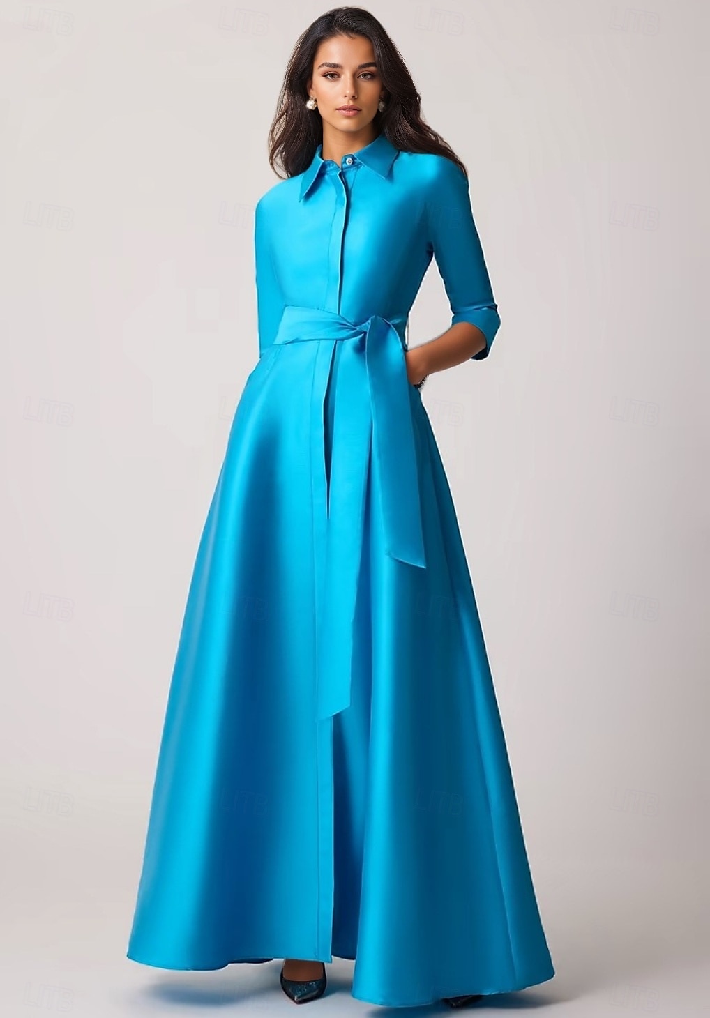 Abito da sera a trapezio abito elegante matrimonio formale da ospite lunghezza a terra manica a metà collo a revers tasca chiffon satin con fiocco/i tasca a spalline del 2025 a $142.99 –P1