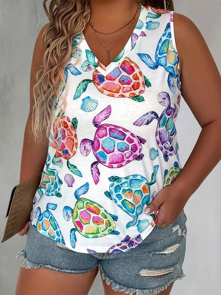 Femmes Grande taille Hauts T-shirt Graphique Animal Sans manches Col en V Occasionnel Quotidien Polyester Été Bleu de 2025 ? $22.99 –P4