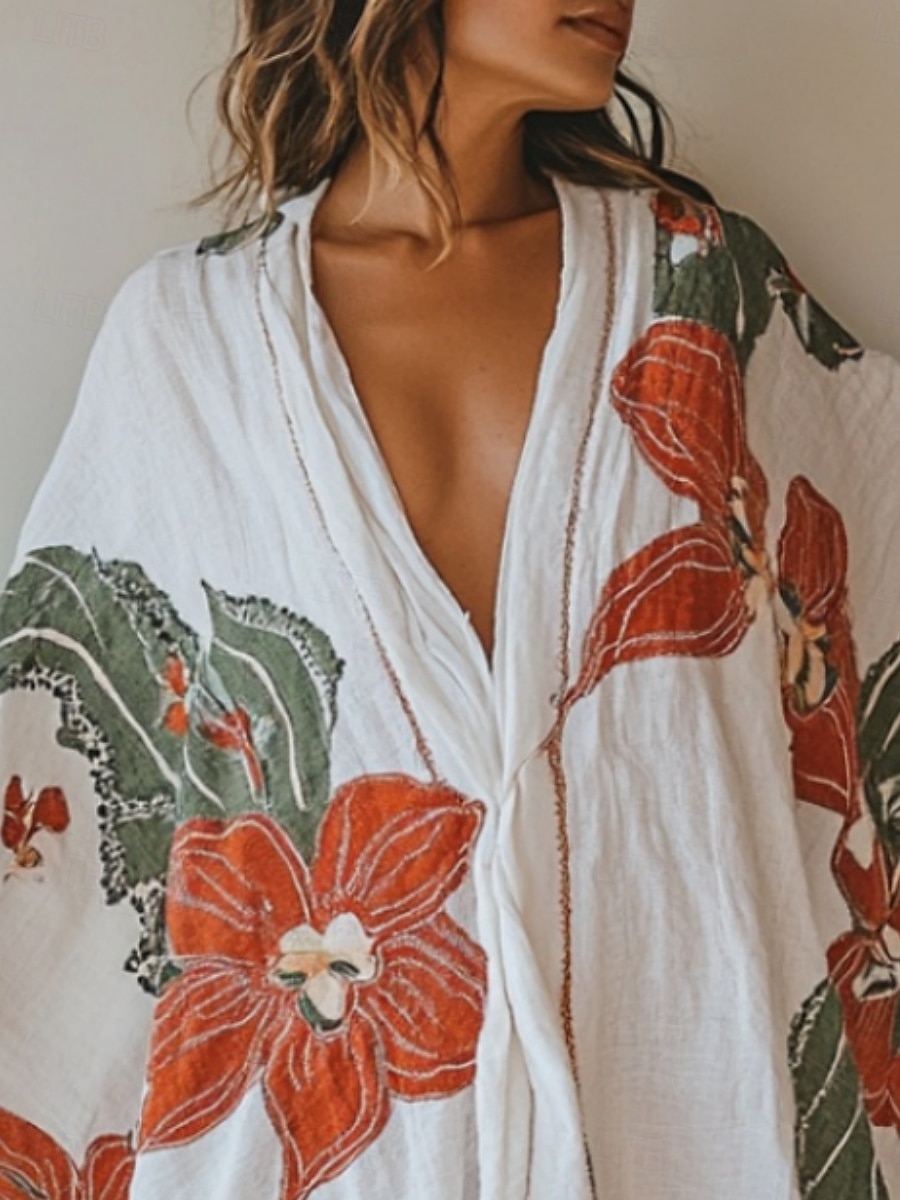 damska długa sukienka maxi sukienka boho sukienka na co dzień sukienka rozkloszowana sukienka letnia vintage wakacje codzienna plaża regularny krój kwiatowy długi rękaw dekolt w serek biały lato wiosna jesień 2025 - $25.99 –P1