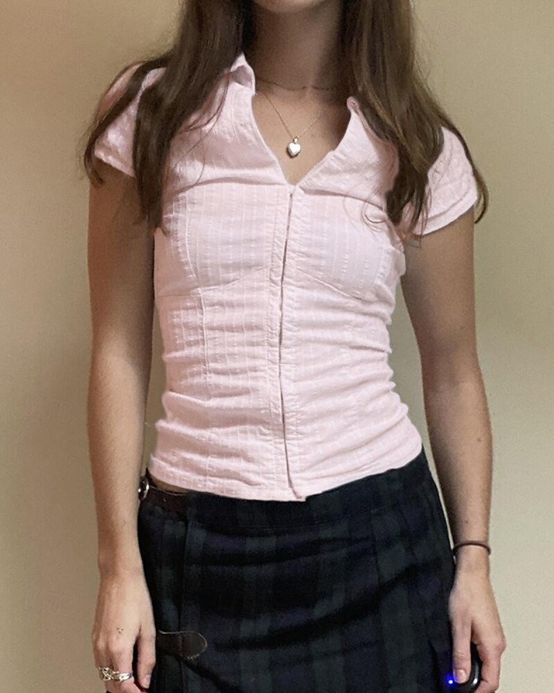 Damen Hemd Bluse Einfach Modern Lässig Kurzarm Hemdkragen Normale Oberteile Täglich Ferien Knöpfe Weiß Rosa Sommer 2025 - $24.99 –P15