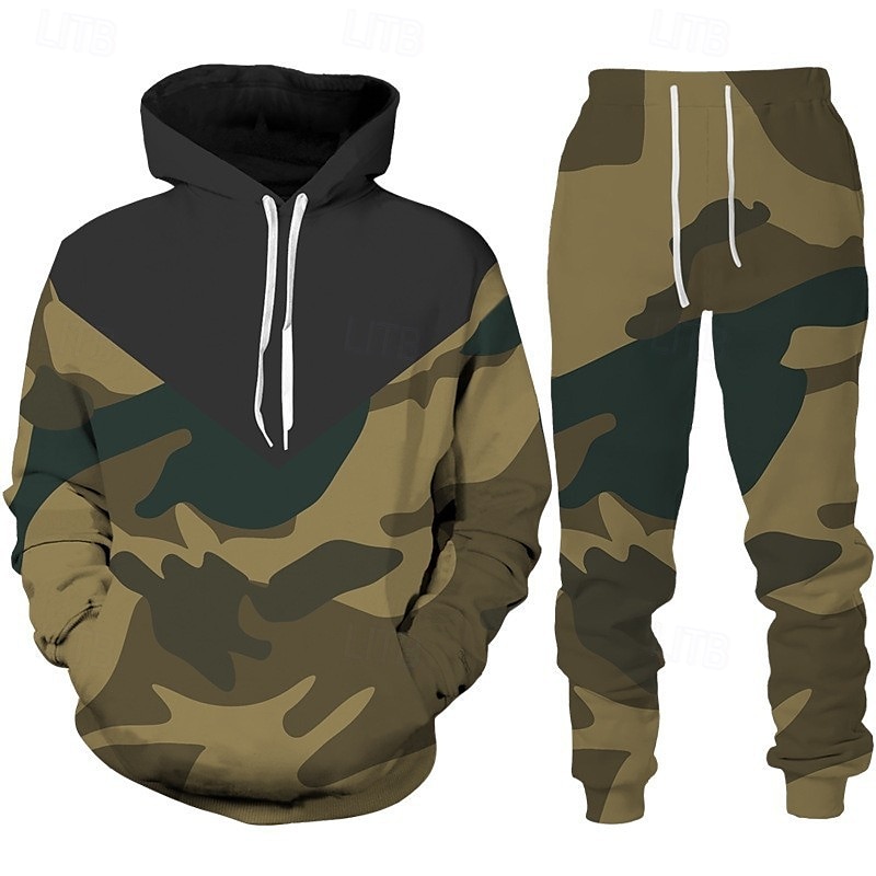 Męskie Dres Zestaw strojów Zestaw bluzy Bluza Na zewnątrz Codzienny Sport Kieszeń Ściągana na sznurek Kamuflaż Czarny Ciemnozielony Pomarańczowy Druk graficzny Poliester Odzież sportowa Moda Moda 2025 - $34.99 –P1