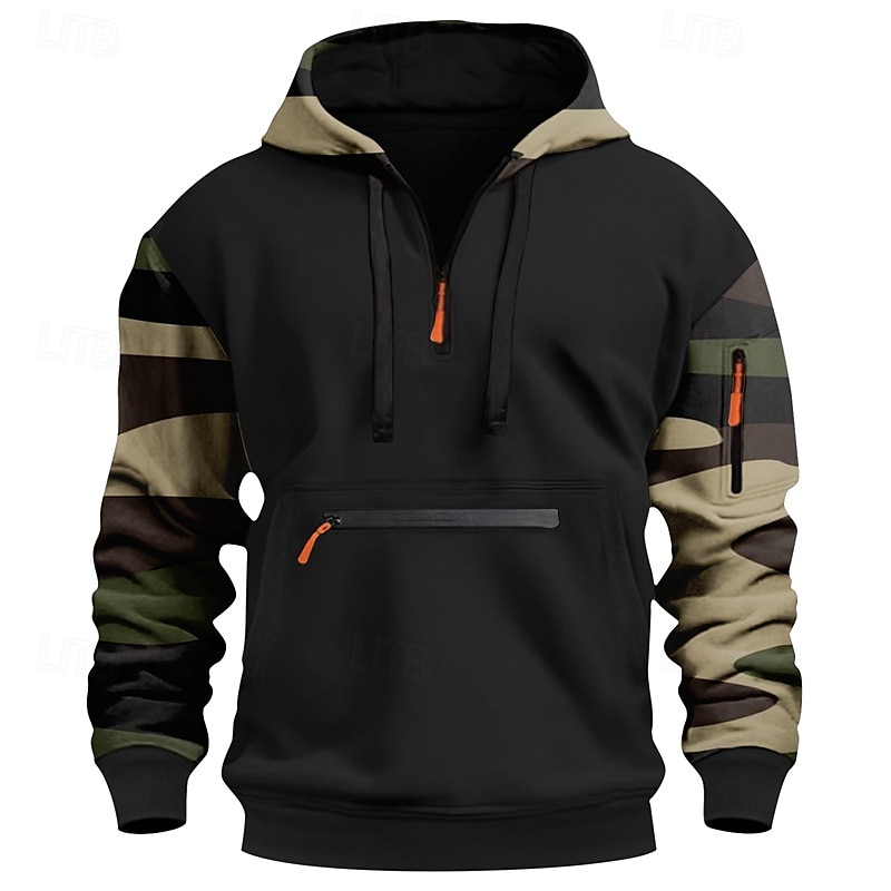 Hombre Sudadera Sudadera con capucha y cremallera de un cuarto Rojo Azul Piscina Naranja Verde Trébol Gris Con Capucha camuflaje Retazos Bolsillo Deporte Diario Festivos Poliéster Ropa de calle 2025 - $26.99 –P3
