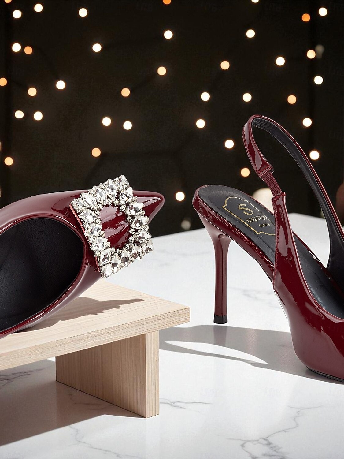 Scarpe con tacco a spillo in vernice bordeaux da donna con cinturino posteriore - stiletti a punta con fibbia in cristallo per eventi formali e cocktail party del 2025 a $32.99 –P5