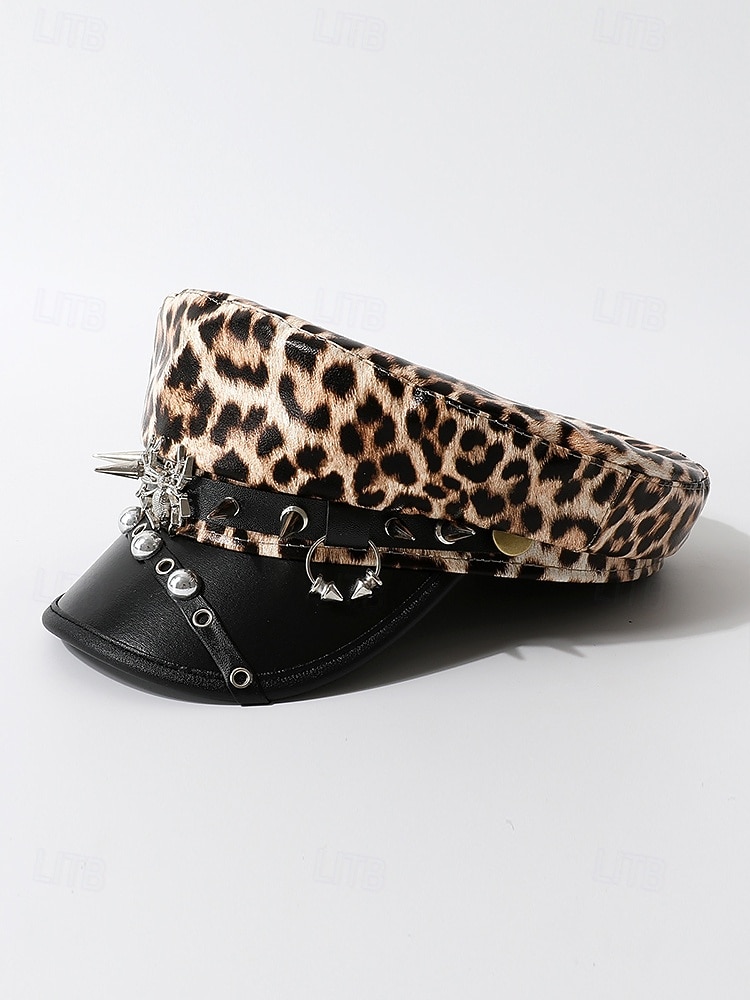 Boné militar feminino com estampa de leopardo para Halloween – chapéu gótico punk de couro sintético com pontas e tachas de aranha, acessório para festa à fantasia e cosplay para uma noite assustadora de 2026 por $14.99 –P8