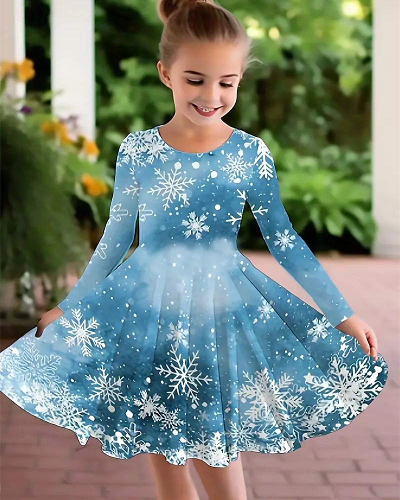 joulu Tyttöjen 3D Hirvi Lumihiutale Mekko Pitkähihainen Kesä Kevät Loma Päivittäin Pyhäpäivä Prinsessa Kaunis Makea Lapset 4-12 vuotta Rento mekko A linjainen mekko Polvipituinen Normaali 2025 - $16.99 –P2