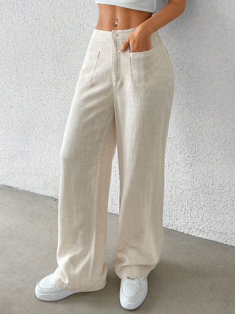Damen Weites Bein Chinos Mode Basic Lässig Volle Länge Mittlere Taillenlinie Einfarbig Tasche Komfort Außenbereich Unelastisch Urlaub Straße Täglich Schwarz Weiß Blau Aprikose Sommer Frühling Herbst 2025 - $37.99 –P5