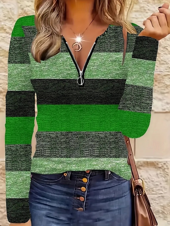 Femmes T-shirt Graphique Géométrique Rayé ancien Mode Élégant manche longue Col ras du cou Hauts Réguliers Quotidien Fermeture éclair Imprimé Rouge Bleu Violet Marron Vert Printemps Automne Hiver de 2025 ? $27.99 –P4