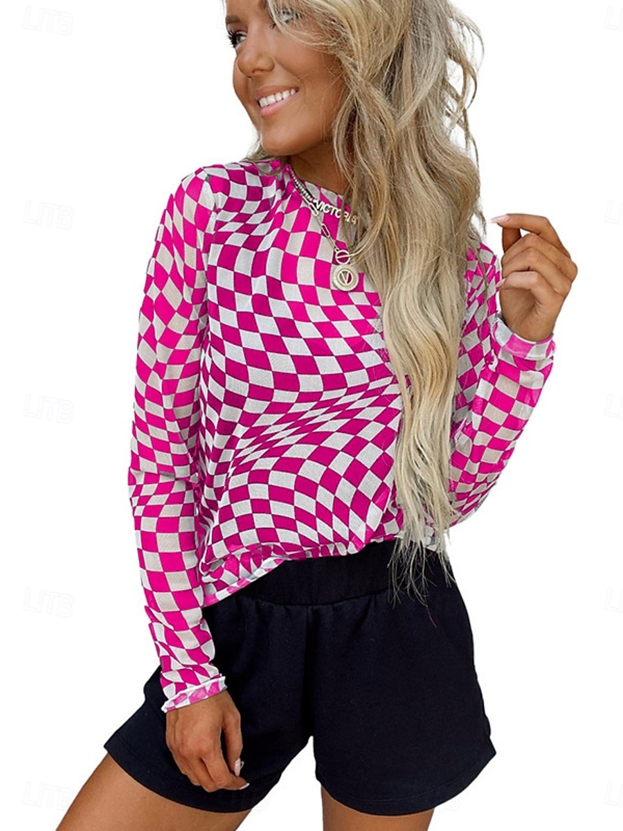 Damen Bluse Karomuster Stilvoll Lässig Langarm Rundhalsausschnitt Normale Oberteile Täglich Druck Schwarz Rosa Aprikose Sommer Frühling Herbst 2025 - $15.99 –P8