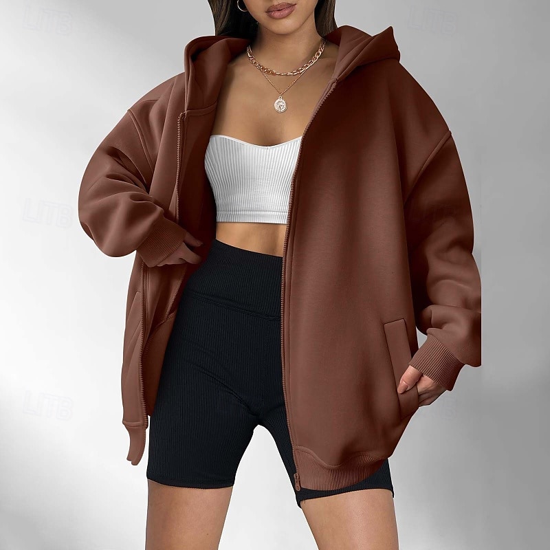Dames Hoodies met rits Effen Casual Lange mouw Capuchon Normale tops Straat Feestdagen Uitgaan Vetoketju Zak blauw Bruin Licht Grijs Herfst Winter 2025 - $25.99 –P7