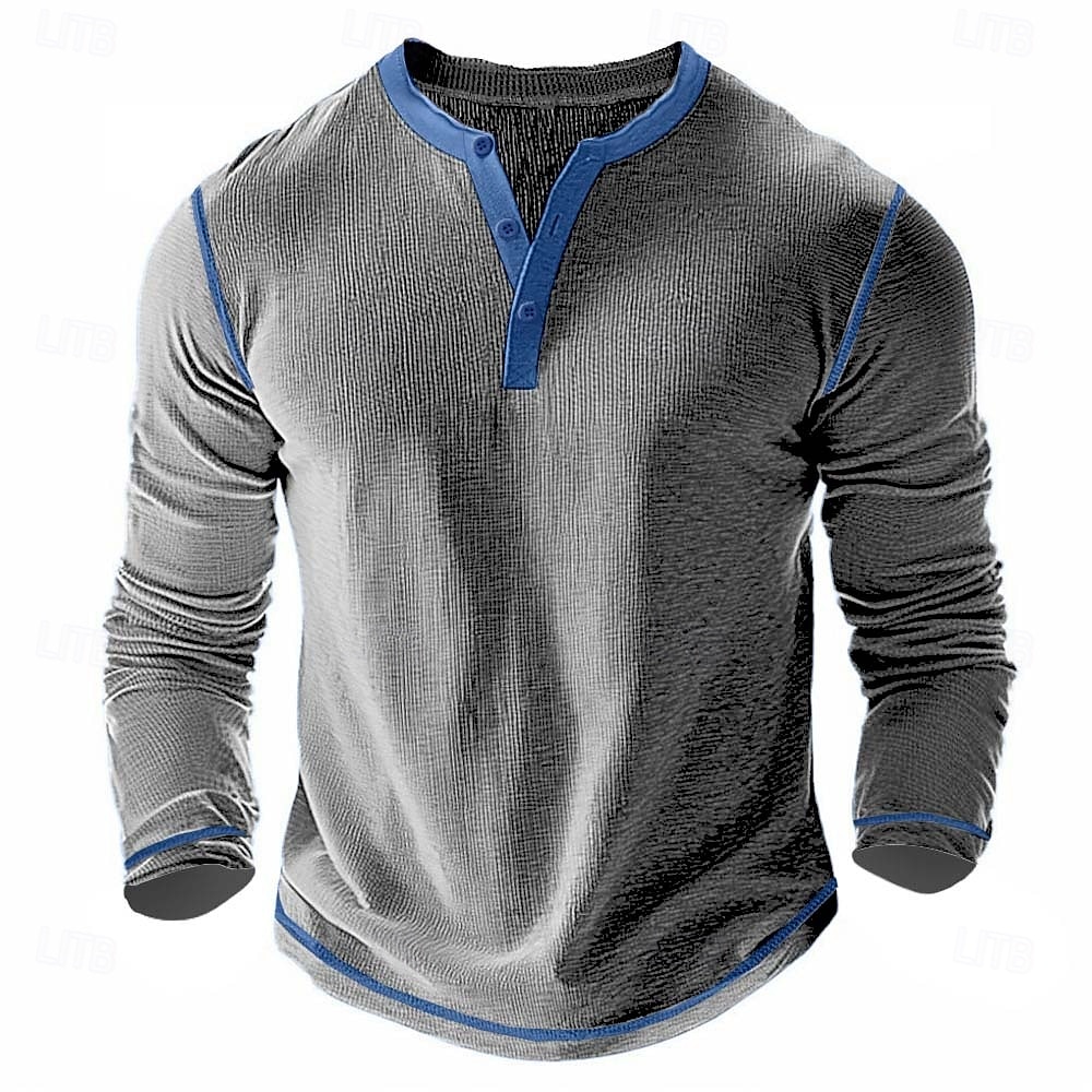 Men's T Shirt Henley Shirt Waffle Knit Tee Tee Top Long Sleeve Shirt Long Sleeve Color Block Solid Fashion Designer Basic Patchwork Henley Vacation Street Casual Spring & Fall Dark Gray Black White 2025 - $20.99 –P7