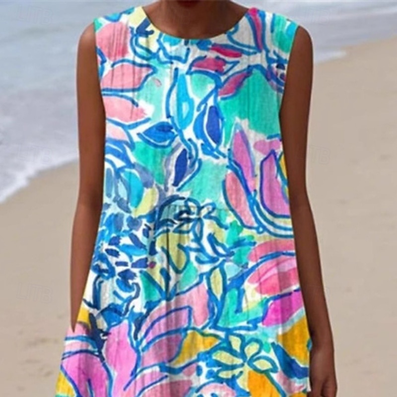 Femmes Robe Midi Robe Décontractée Robe d'été Mode Moderne Quotidien Plage Week-end Coupe régulière Fleur Sans manches Col ras du cou Bleu Été Printemps de 2025 ? $22.99 –P2