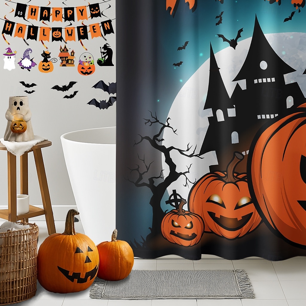 Halloweenský sprchový závěs s háčky, polyesterový, pratelný, voděodolný, vzorovaný, koupelnová vana, dekorace 2025 - $21.99 –P11