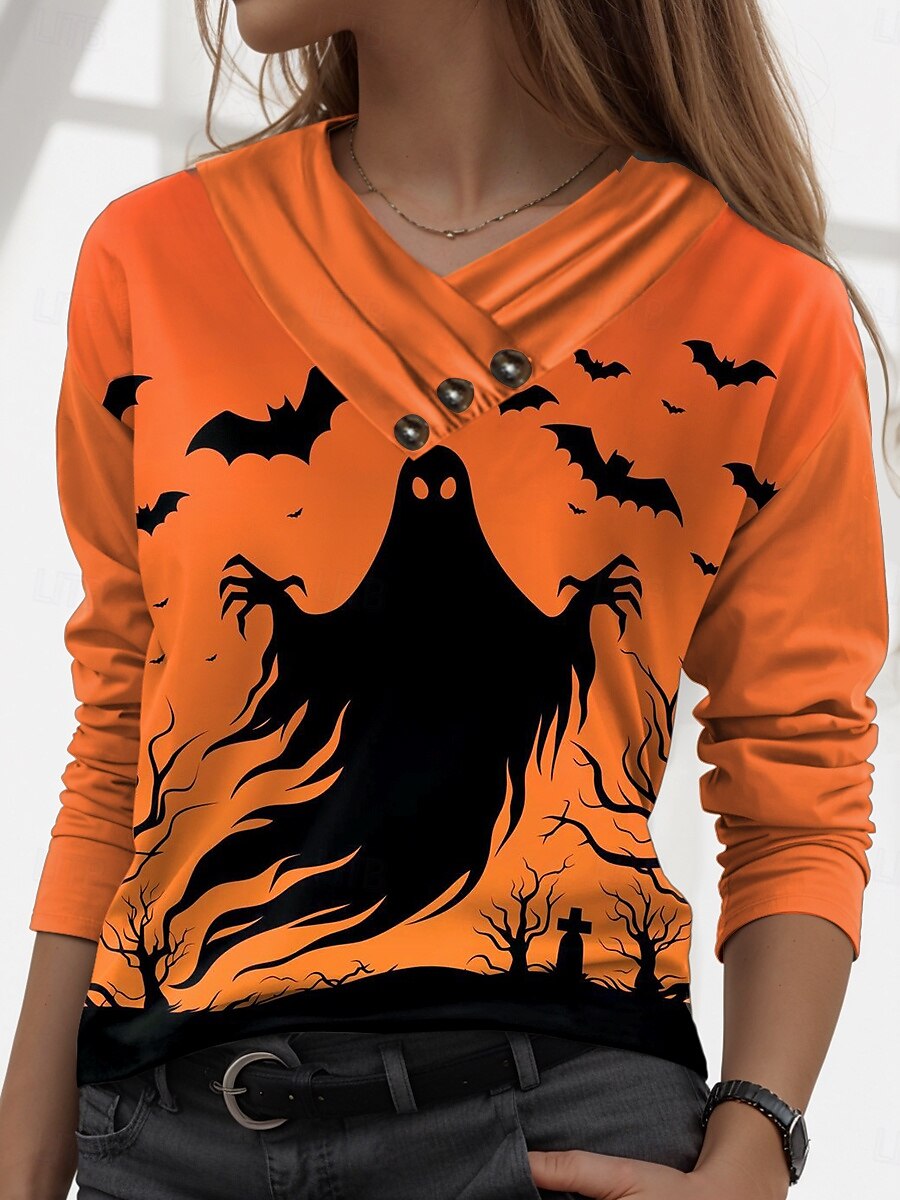 Halloween Femmes T-shirt ancien Élégant Occasionnel manche longue Col en V Hauts Réguliers Quotidien Boutons Imprimé Noir Jaune Orange Automne Hiver de 2025 ? $24.99 –P2