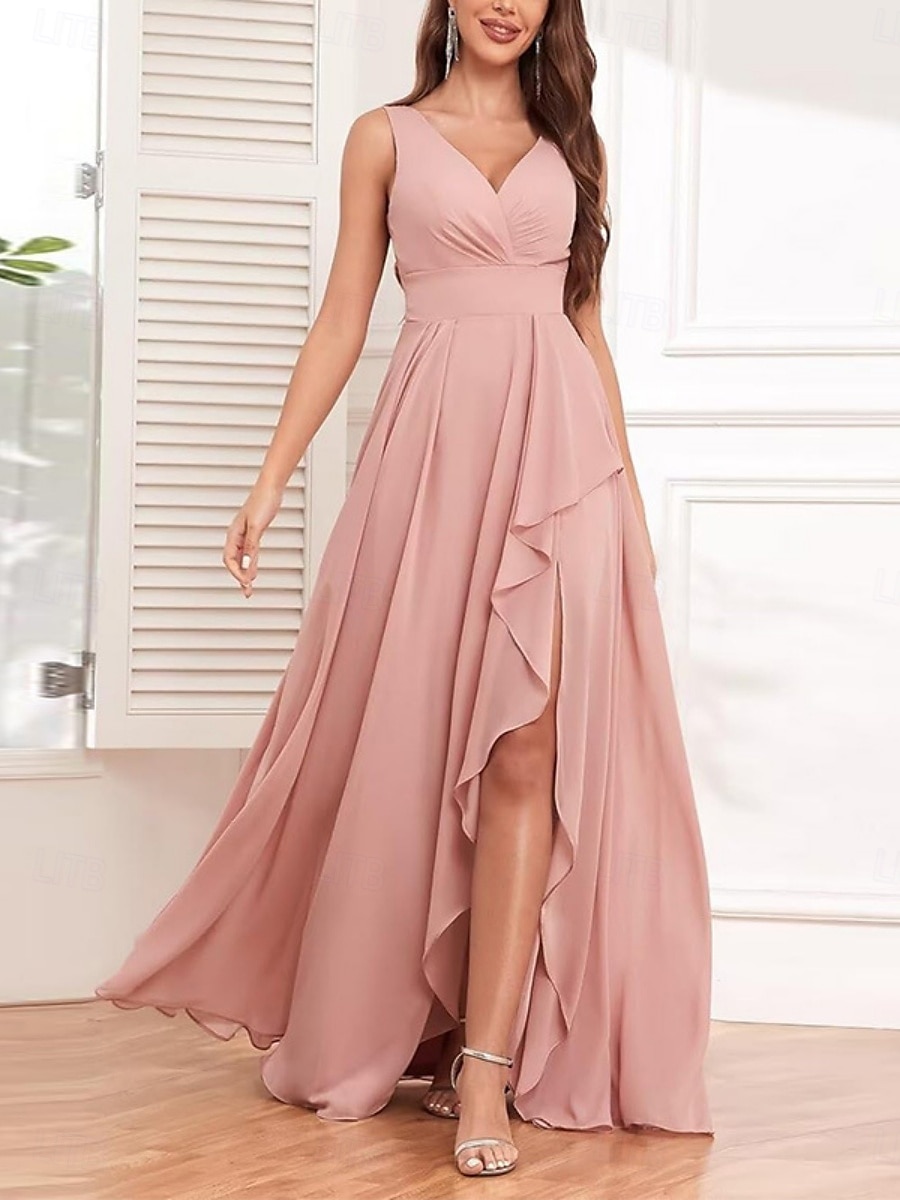 Dámské Dlouhé šaty Maxi šaty Koktejlky Šaty pro svatební hosty Šifón Elegantní Módní Moderní Venkovní Koktejlový večírek Běžný Bez vzoru Bez rukávů Do V Světlá růžová Rubínově červená Léto Jaro Podzim 2025 - $31.99 –P5