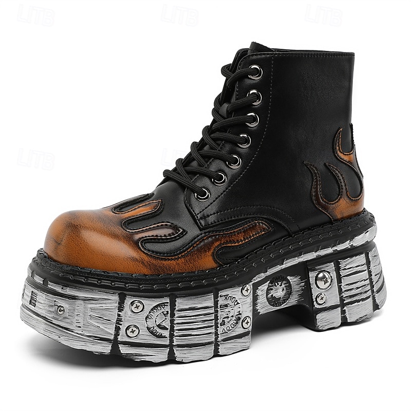 herre gotiske flammende platåstøvler – steampunk ankelstøvletter med grov såle og snøring for punkrockfester og cosplay 2025 - $84.99 –P11