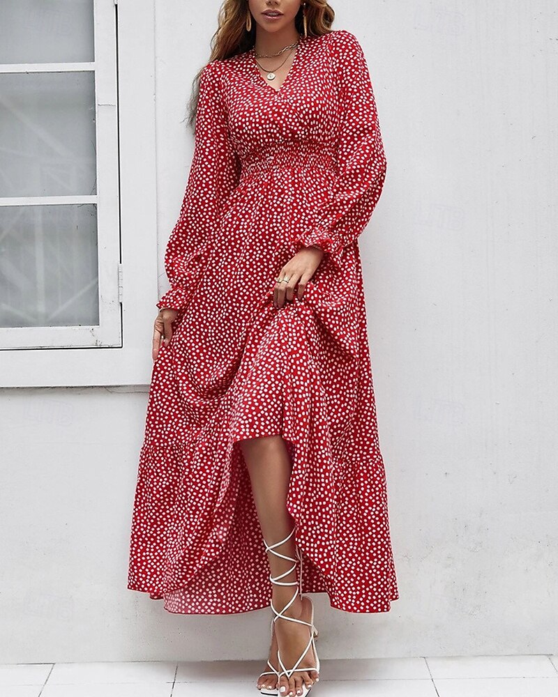 Damen Langes Kleid Maxikleid Freizeitkleid Druckkleid Mode Modern Täglich Strand Wochenende Normale Passform Blume Langarm V Ausschnitt Schwarz Rote Blau Grün Sommer Frühling Herbst 2025 - $23.99 –P12