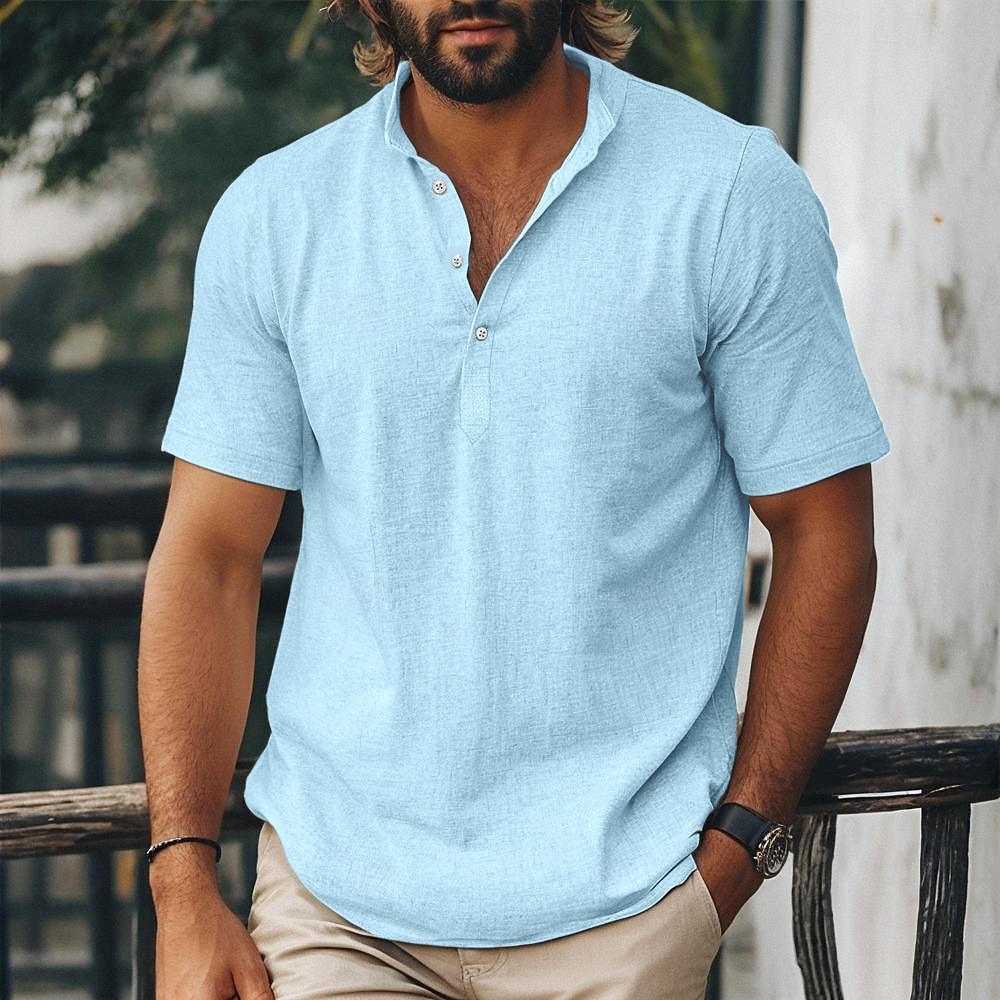 Homme Chemise Chemise en lin Chemise popover Chemise d'été Chemise de Plage Chemise hawaïenne Couleur Unie Occasionnel Quotidien Rose Claire bleu marine Vert Kaki Manche Courte Band Collar Printemps de 2026 ? $22.99 –P14