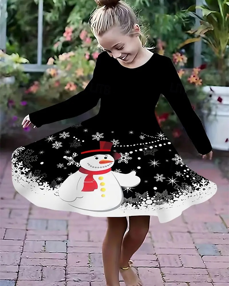 Girls' 3D Snowman Snowflake Dress Long Sleeve Summer Spring Vacation Daily Holiday Princess Beautiful Sweet Kids 4-12 Years Casual Dress A Line Dress Knee-length Regular Fit 2025 - $16.99 –P1